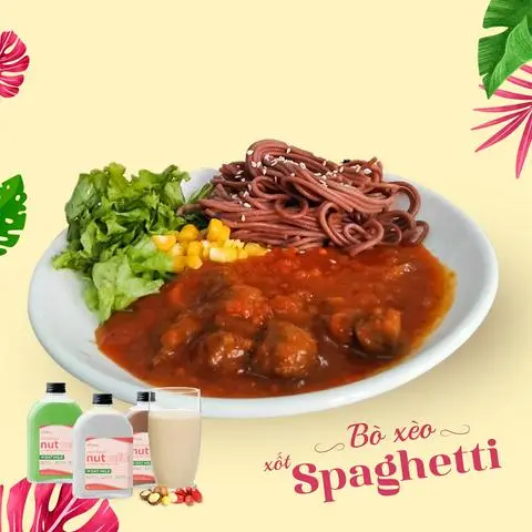 Hình ảnh Bún gạo lứt + bò lúc lắc xèo xốt Spaghetti + 250ml sữa hạt
