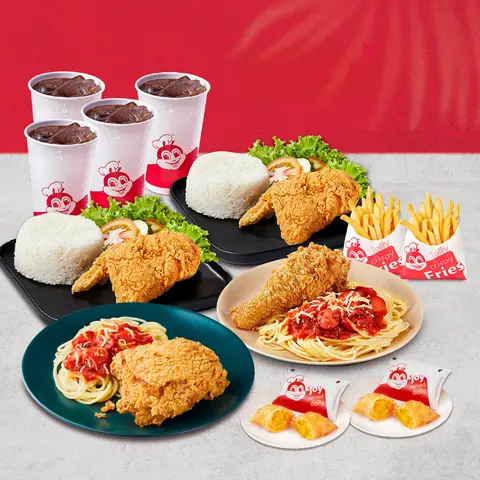 Hình ảnh CB322 - 2 Gà giòn + 2 Mỳ Ý Jolly + 2 Cơm gà giòn + 2 Khoai tây chiên vừa + 2 Bánh xoài đào + 4 Nước ngọt lớn