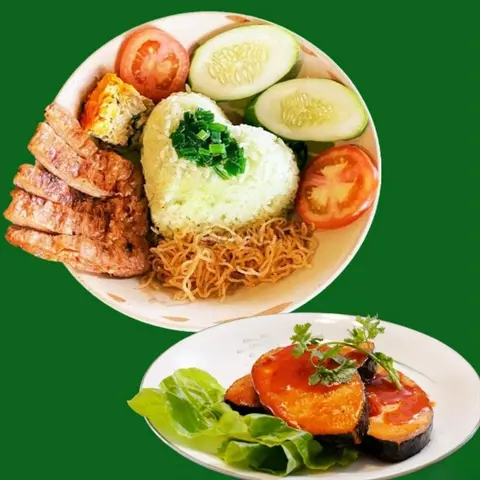 Hình ảnh Cơm sườn bì chả chay - Cá thu chay
